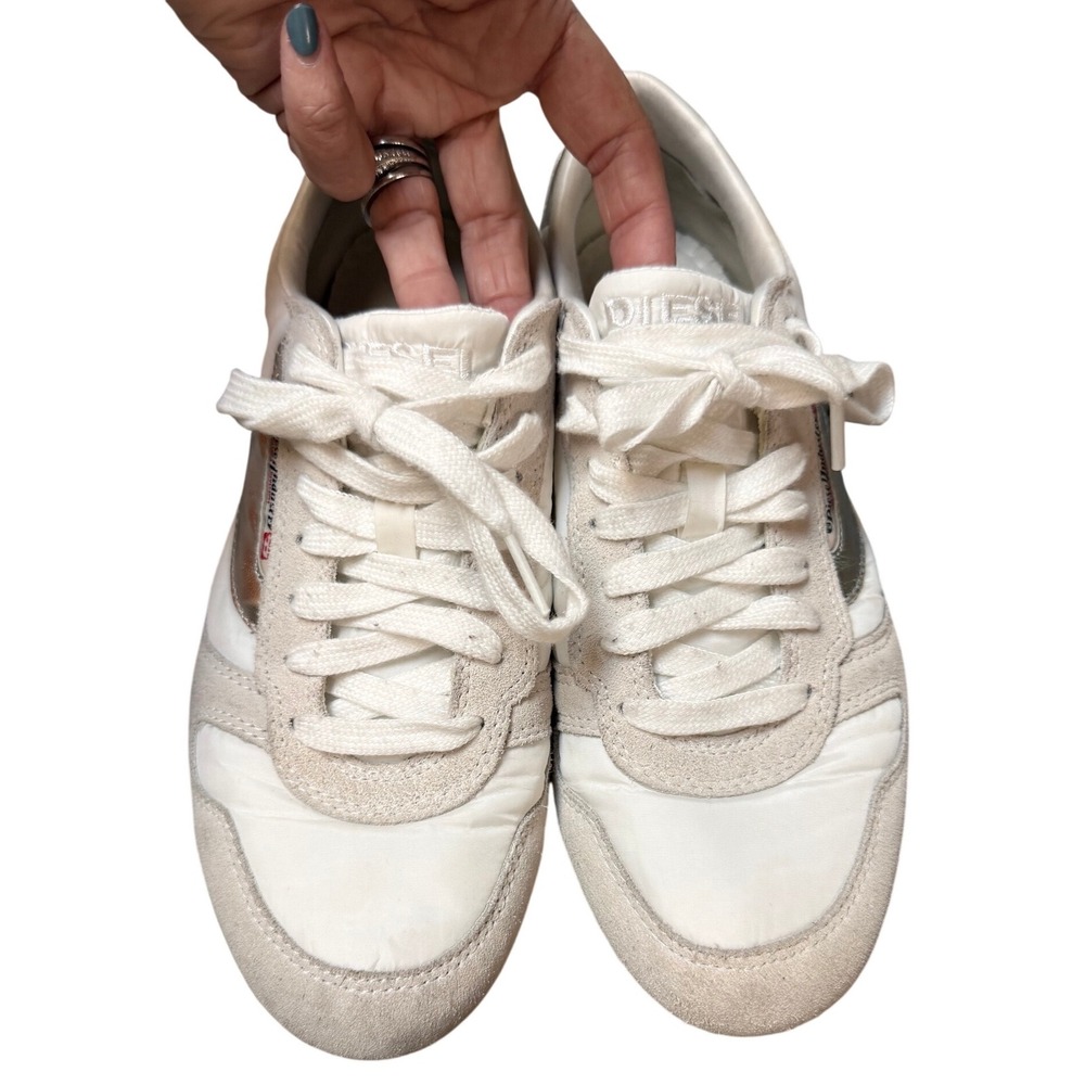Diesel Women 9 White Silver Leather Suede Low Top Sneakers Y2K Neutral